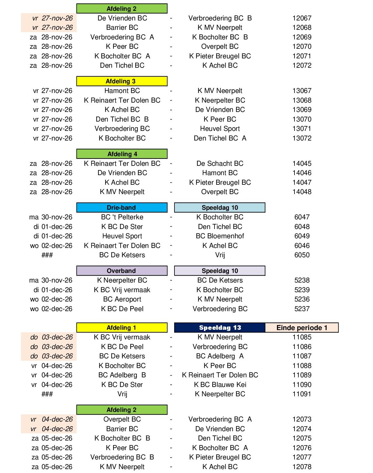 Competitie Kalender 2026 2027 24 juli 202610